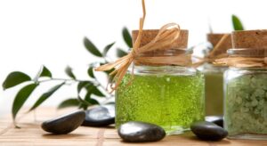 Green color bath salt and liquid soap
